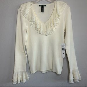 Lauren Ralph Lauren Sweater Ruffle Vneck Ribbed Size M